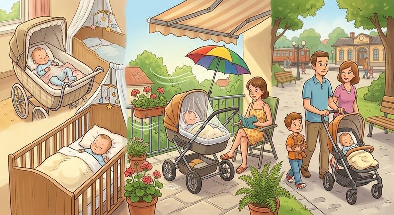 Kolaż zdjęć: dziecko w łóżeczku, drzemka w wózku na balkonie oraz rodzina na spacerze z wózkiem.